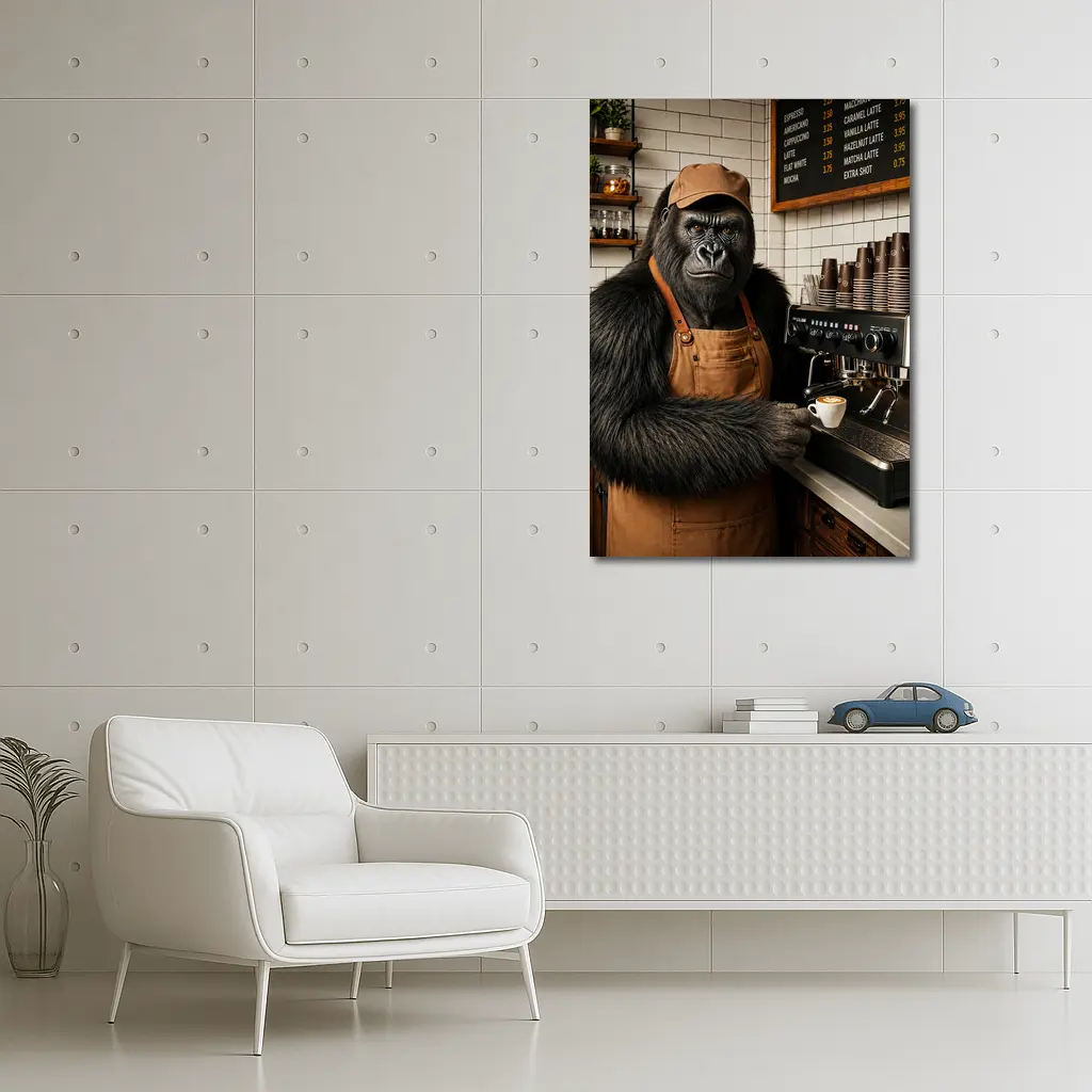 Gorilla Barista Serving Espresso In Cafe – Wall Art