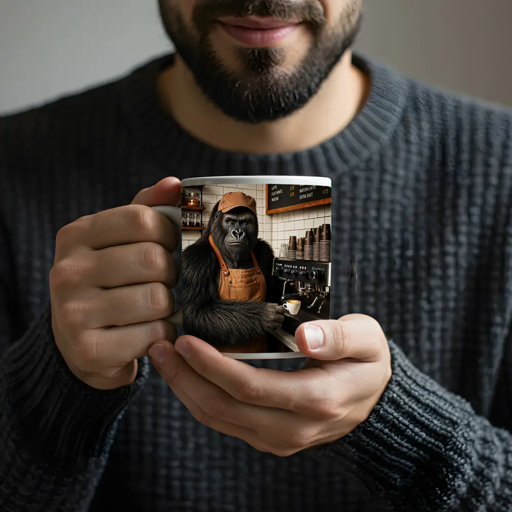 Gorilla Barista Serving Espresso In Cafe – Mugs