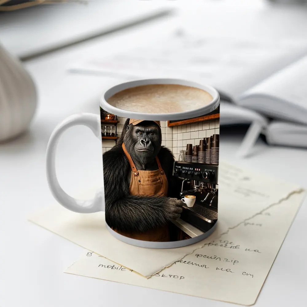 Gorilla Barista Serving Espresso In Cafe – Mugs