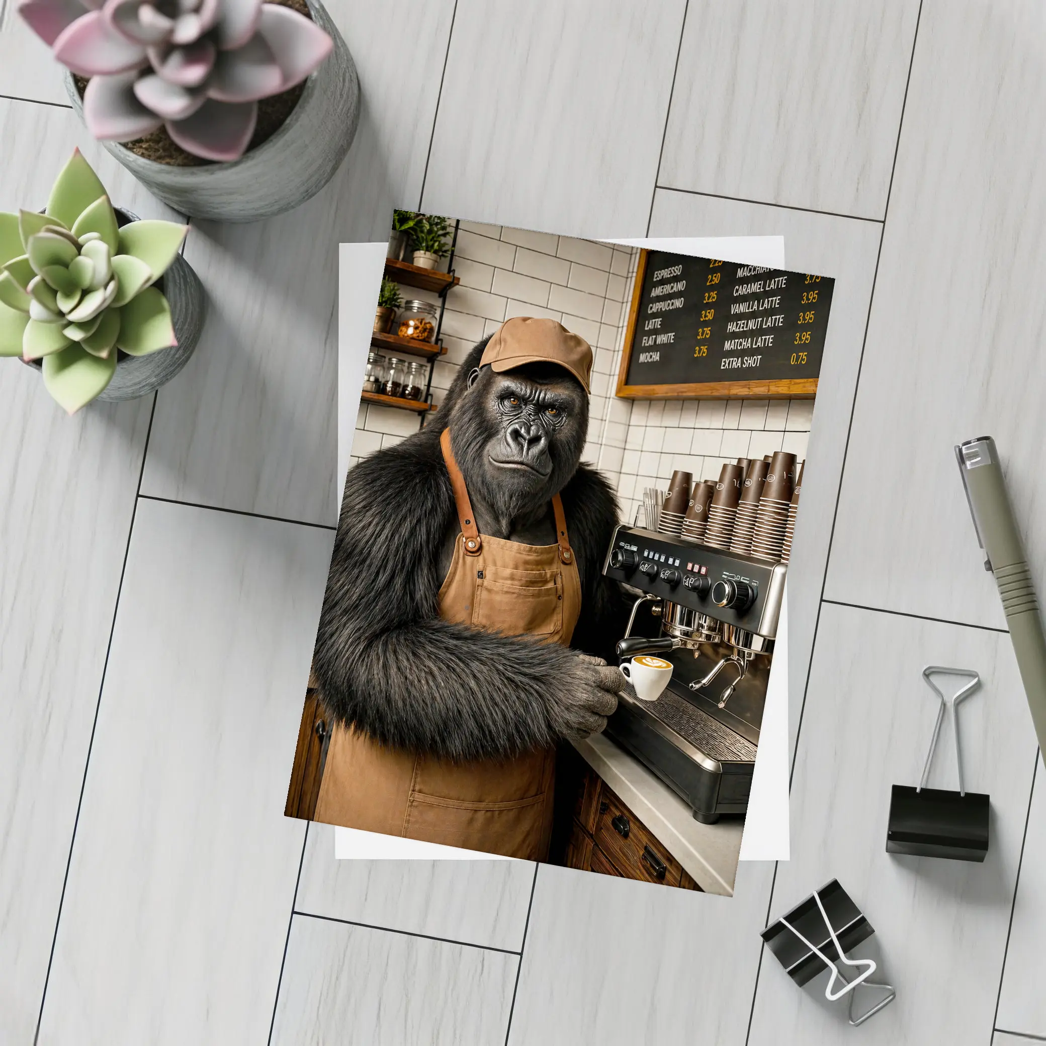 Gorilla Barista Serving Espresso In Cafe – Postcards