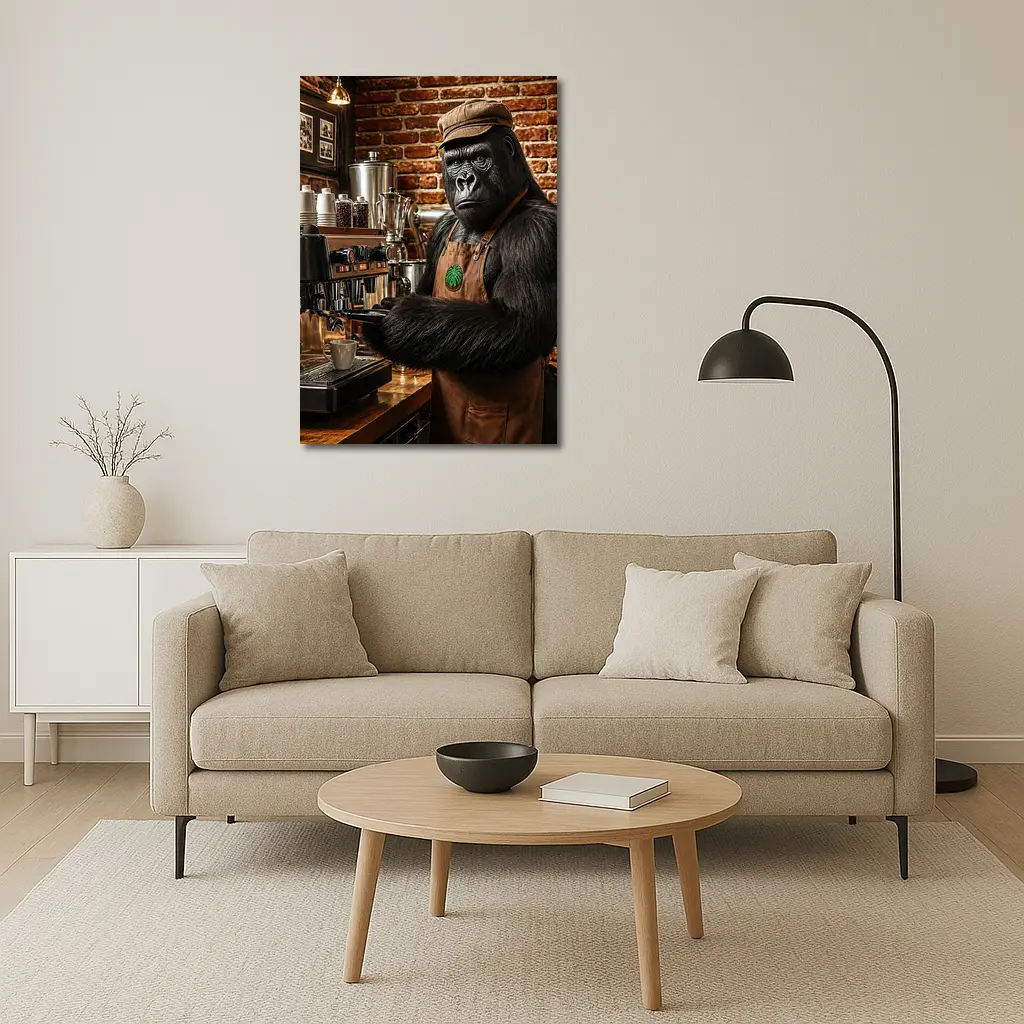 Gorilla Barista Working Espresso Machine Brick Cafe – Wall Art