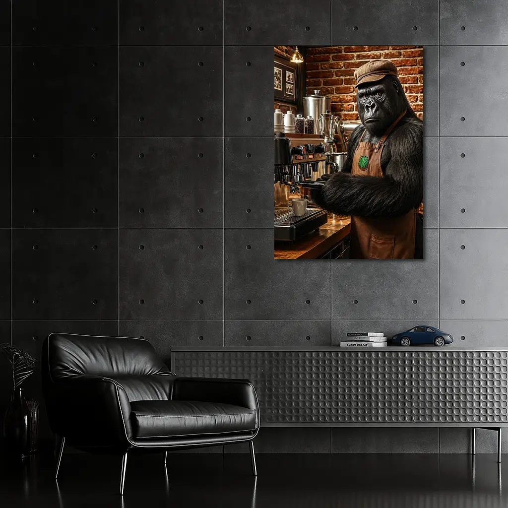 Gorilla Barista Working Espresso Machine Brick Cafe – Wall Art