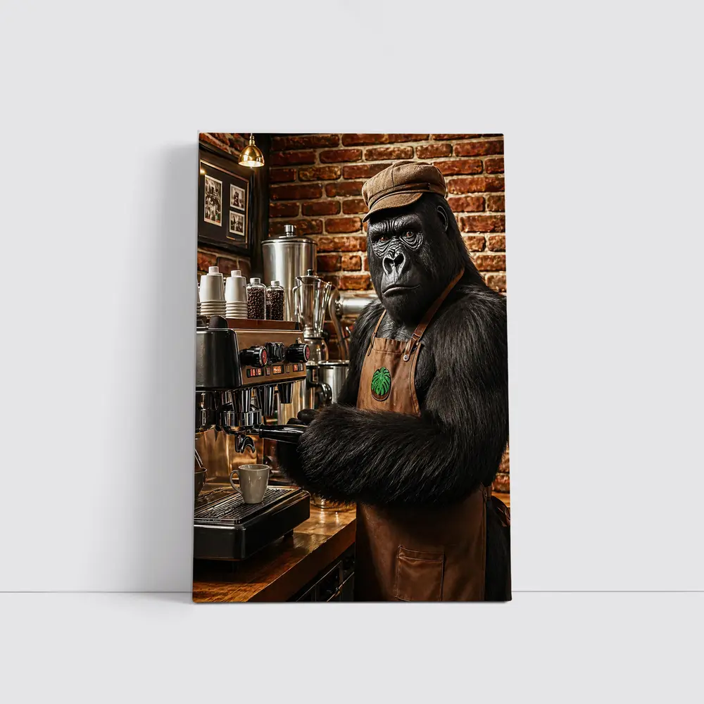 Gorilla Barista Working Espresso Machine Brick Cafe – Wall Art