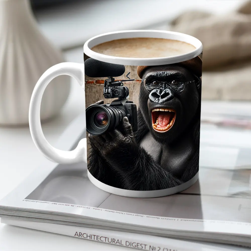 Gorilla Filmmaker With Camera Brick Wall – Mugs