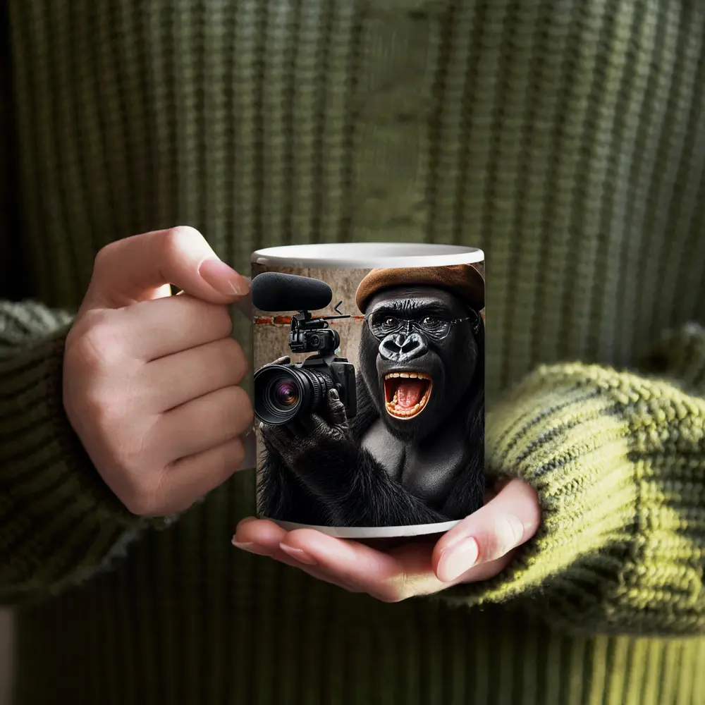 Gorilla Filmmaker With Camera Brick Wall – Mugs