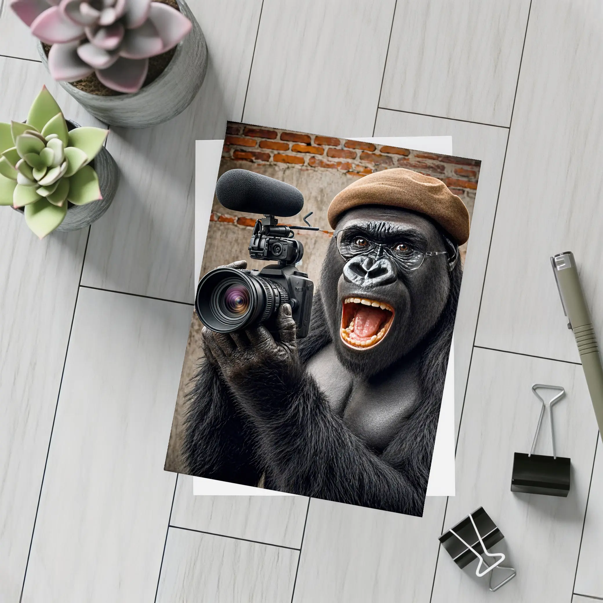 Gorilla Filmmaker With Camera Brick Wall – Postcards