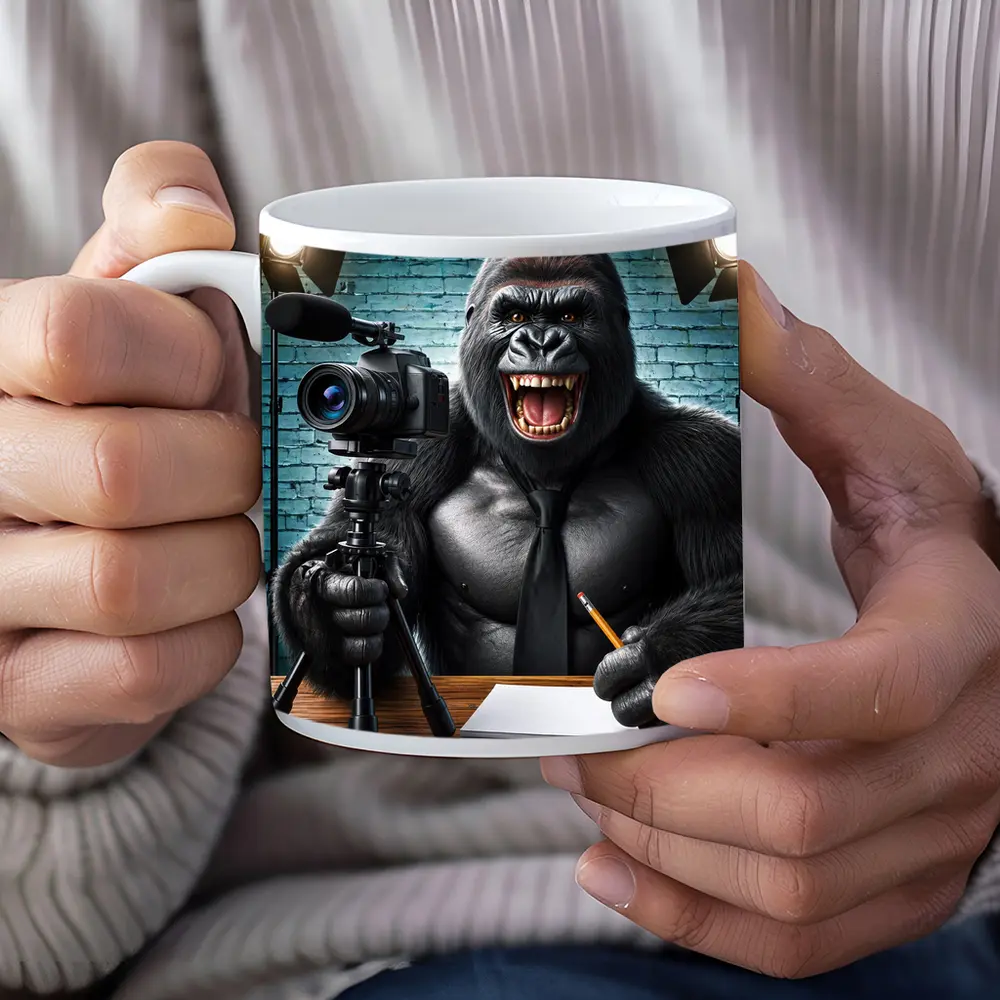 Gorilla Blogger Writing at Studio Desk – Mugs