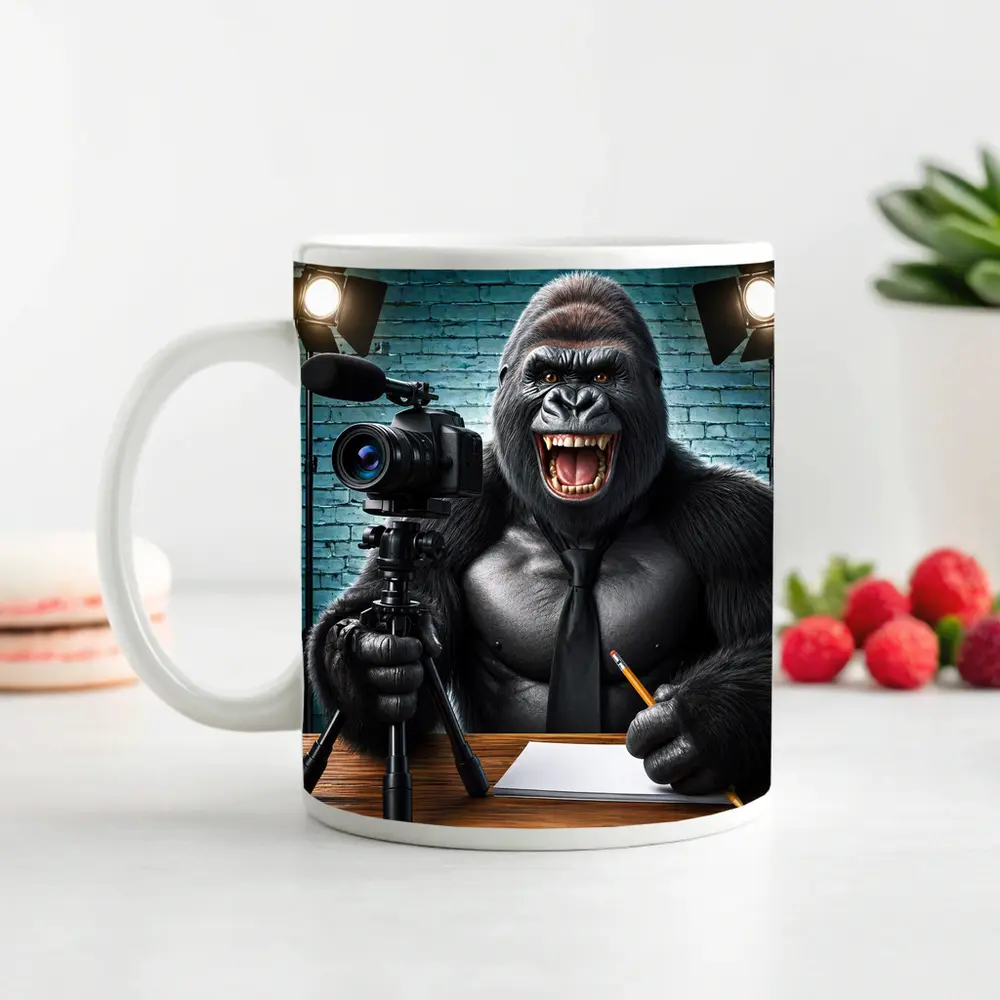 Gorilla Blogger Writing at Studio Desk – Mugs