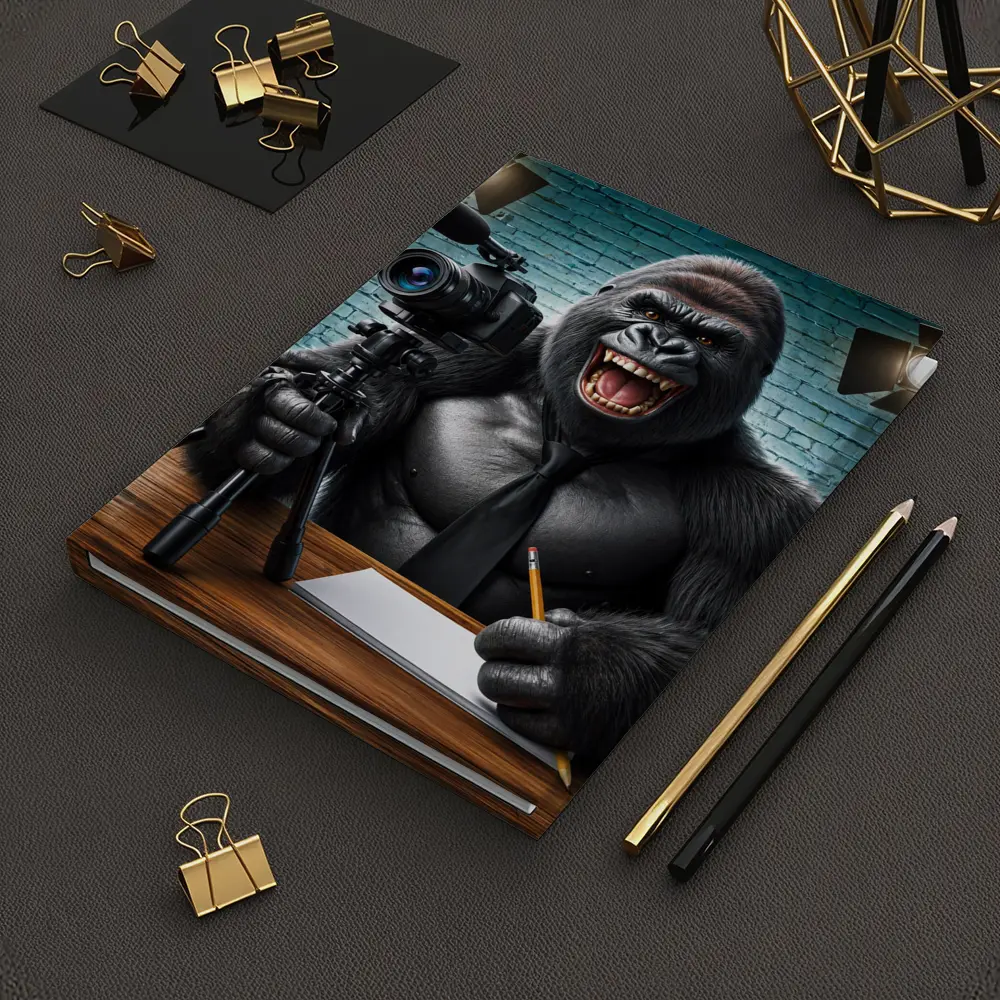 Gorilla Blogger Writing at Studio Desk – Notebooks