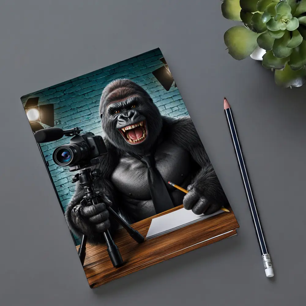 Gorilla Blogger Writing at Studio Desk – Notebooks