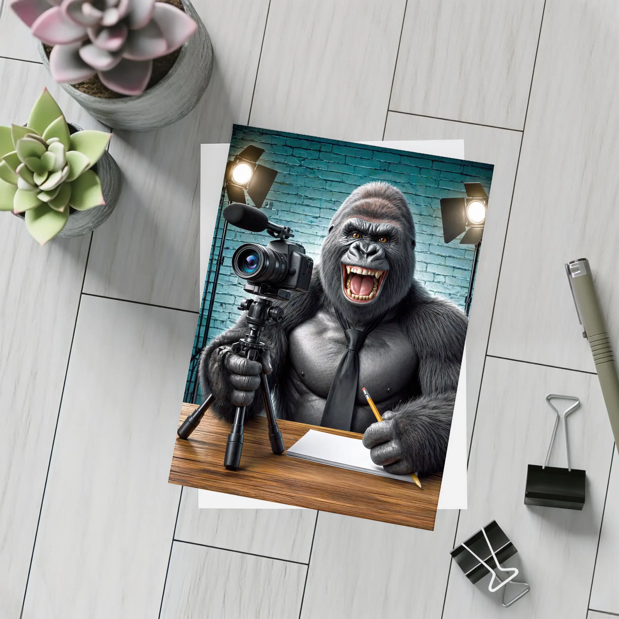 Gorilla Blogger Writing at Studio Desk – Postcards