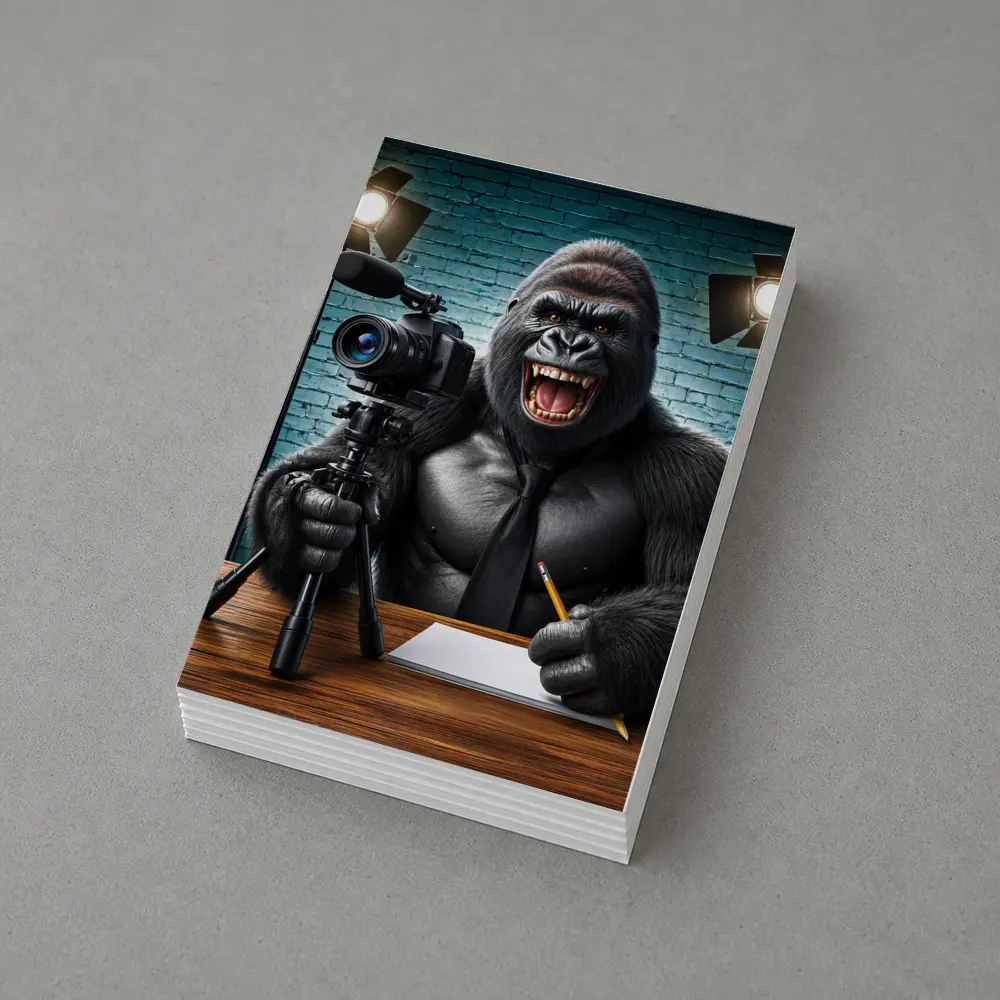 Gorilla Blogger Writing at Studio Desk – Postcards