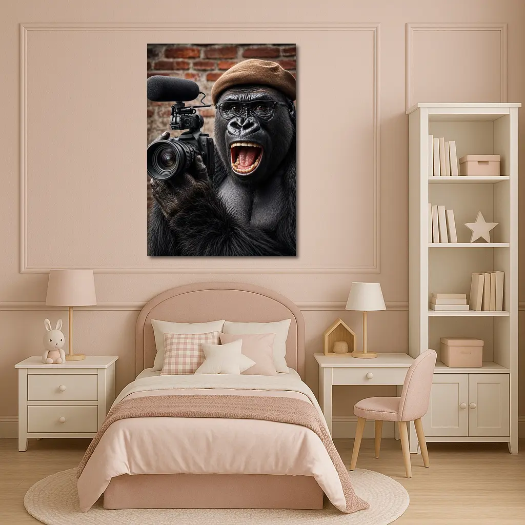 Gorilla Filmmaker With Camera Brick Background – Wall Art