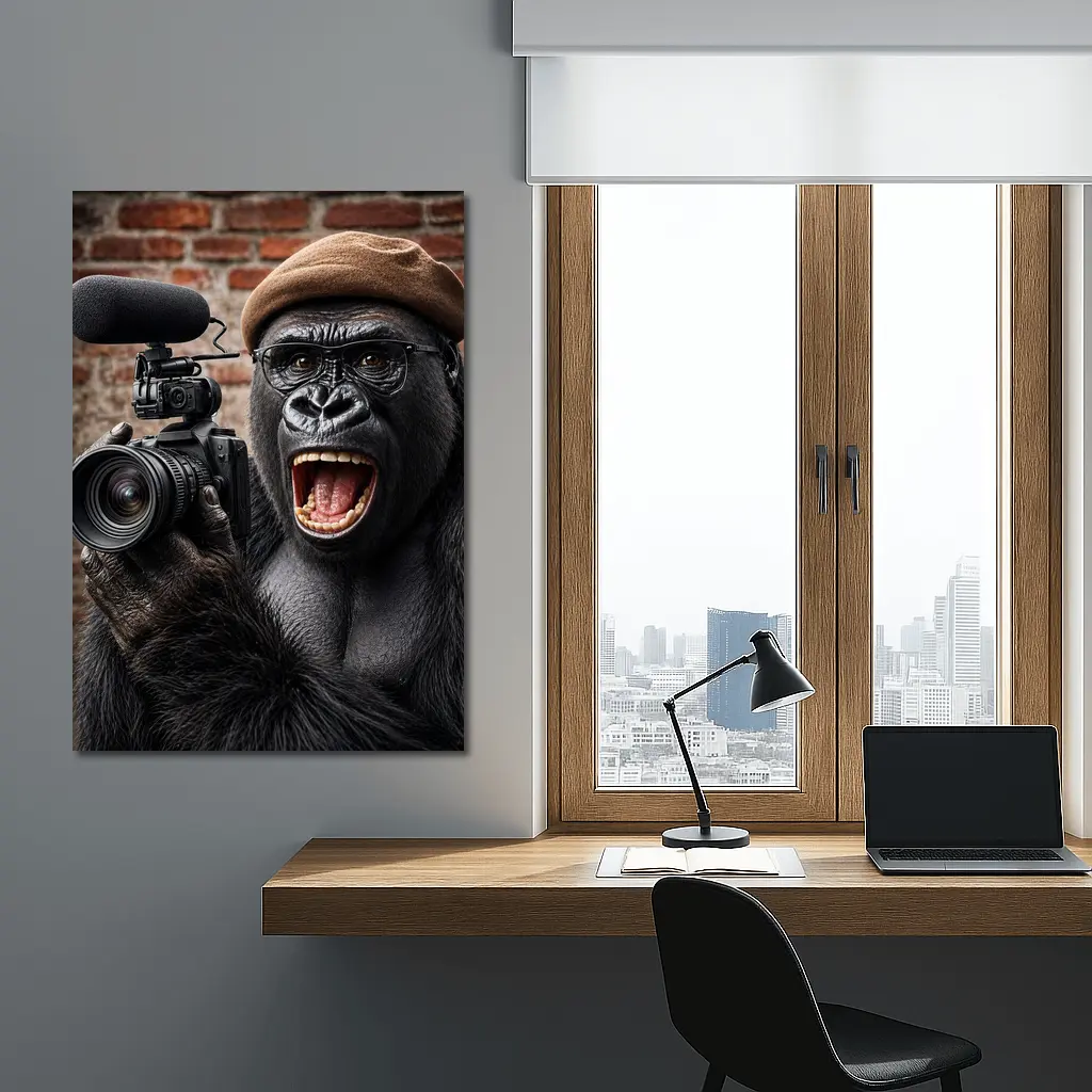 Gorilla Filmmaker With Camera Brick Background – Wall Art