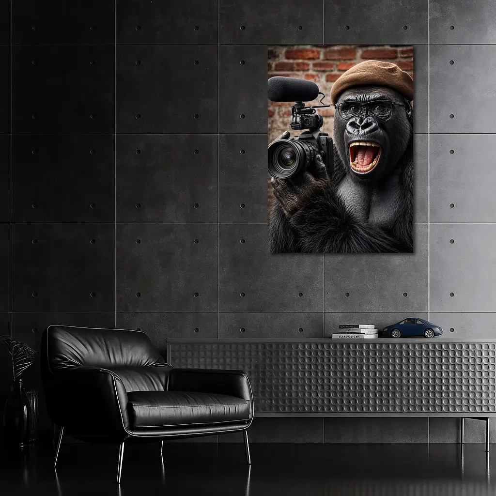 Gorilla Filmmaker With Camera Brick Background – Wall Art