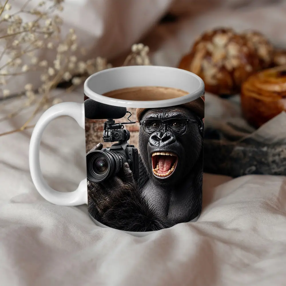 Gorilla Filmmaker With Camera Brick Background – Mugs