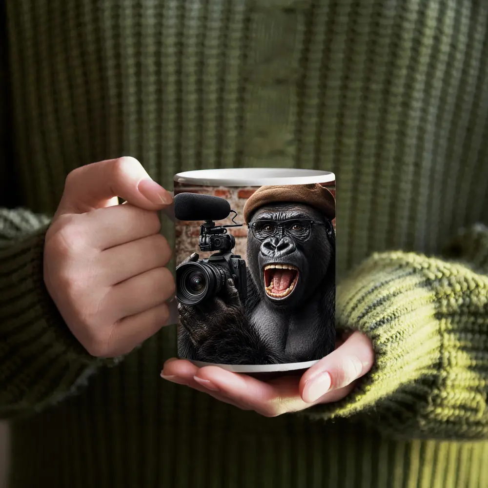 Gorilla Filmmaker With Camera Brick Background – Mugs