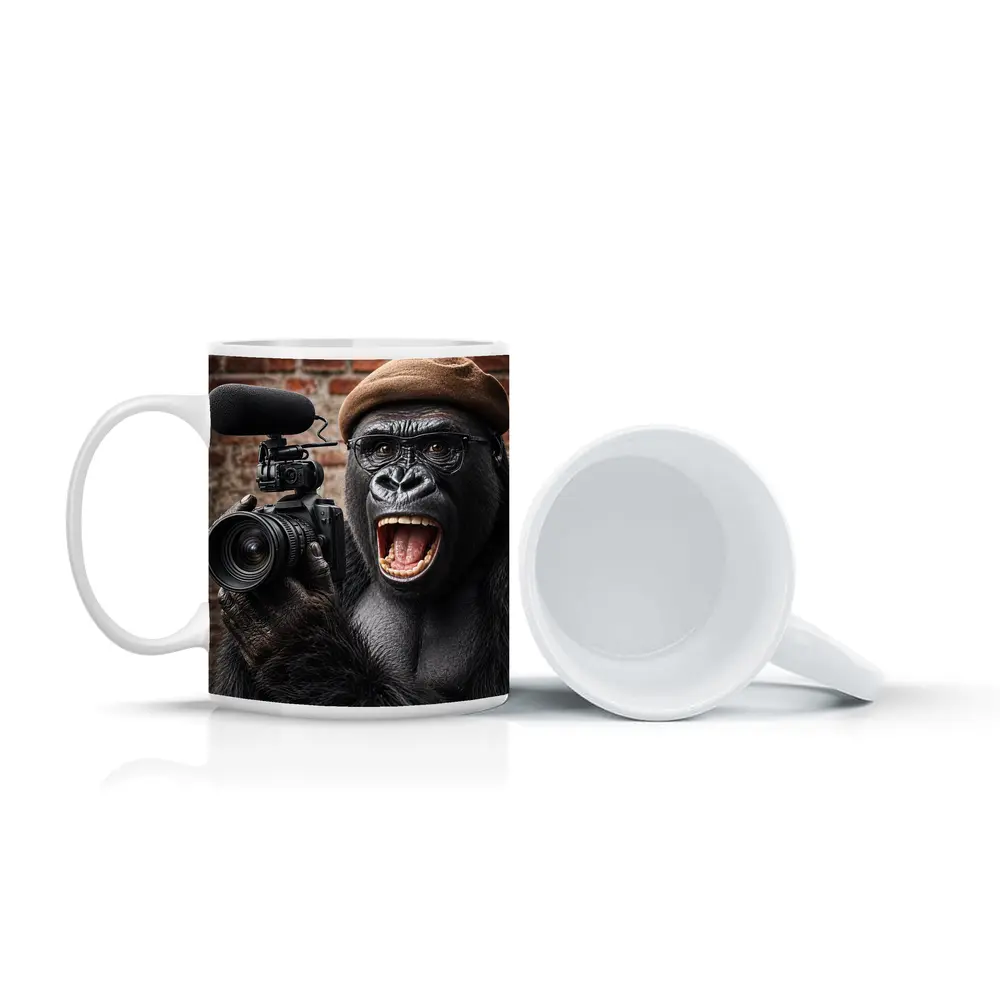 Gorilla Filmmaker With Camera Brick Background – Mugs