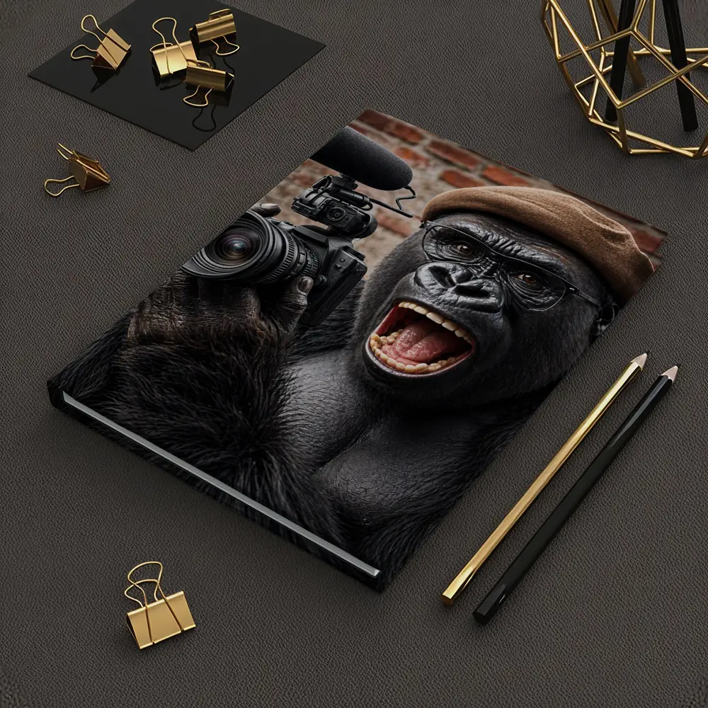 Gorilla Filmmaker With Camera Brick Background – Notebooks