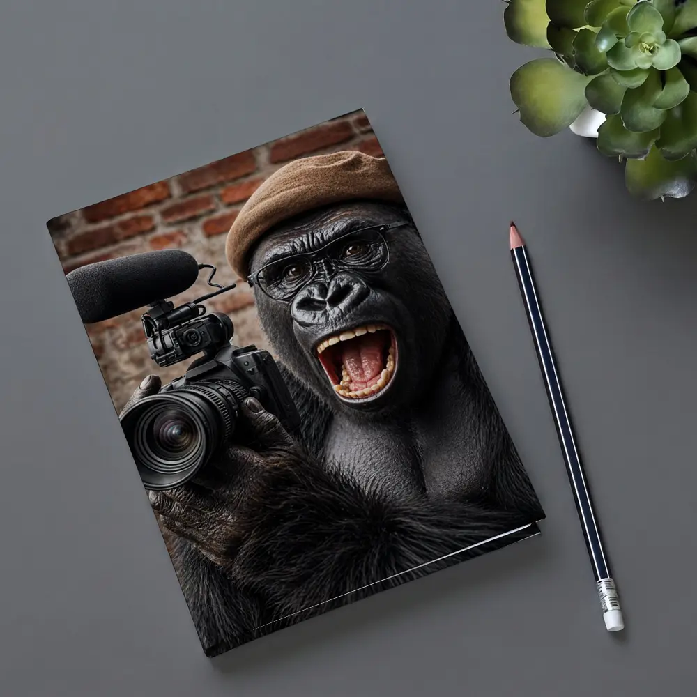 Gorilla Filmmaker With Camera Brick Background – Notebooks