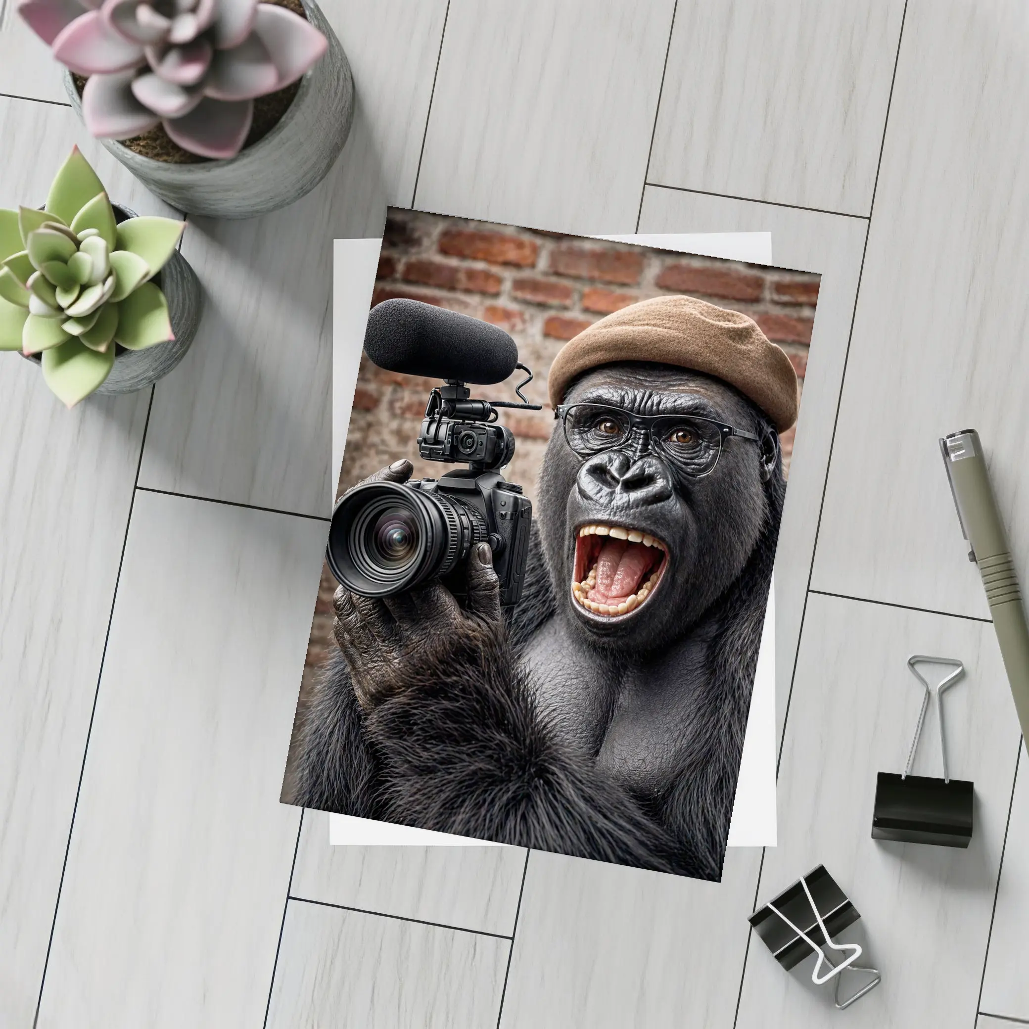 Gorilla Filmmaker With Camera Brick Background – Postcards
