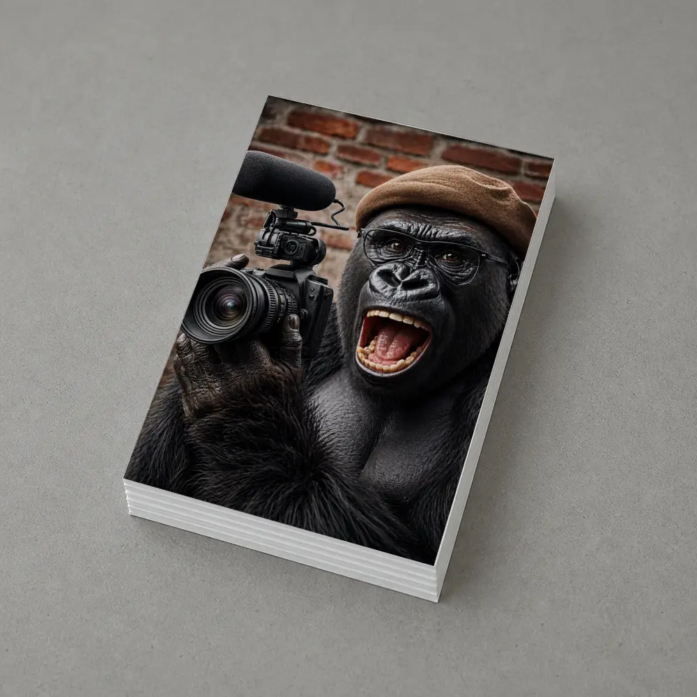 Gorilla Filmmaker With Camera Brick Background – Postcards