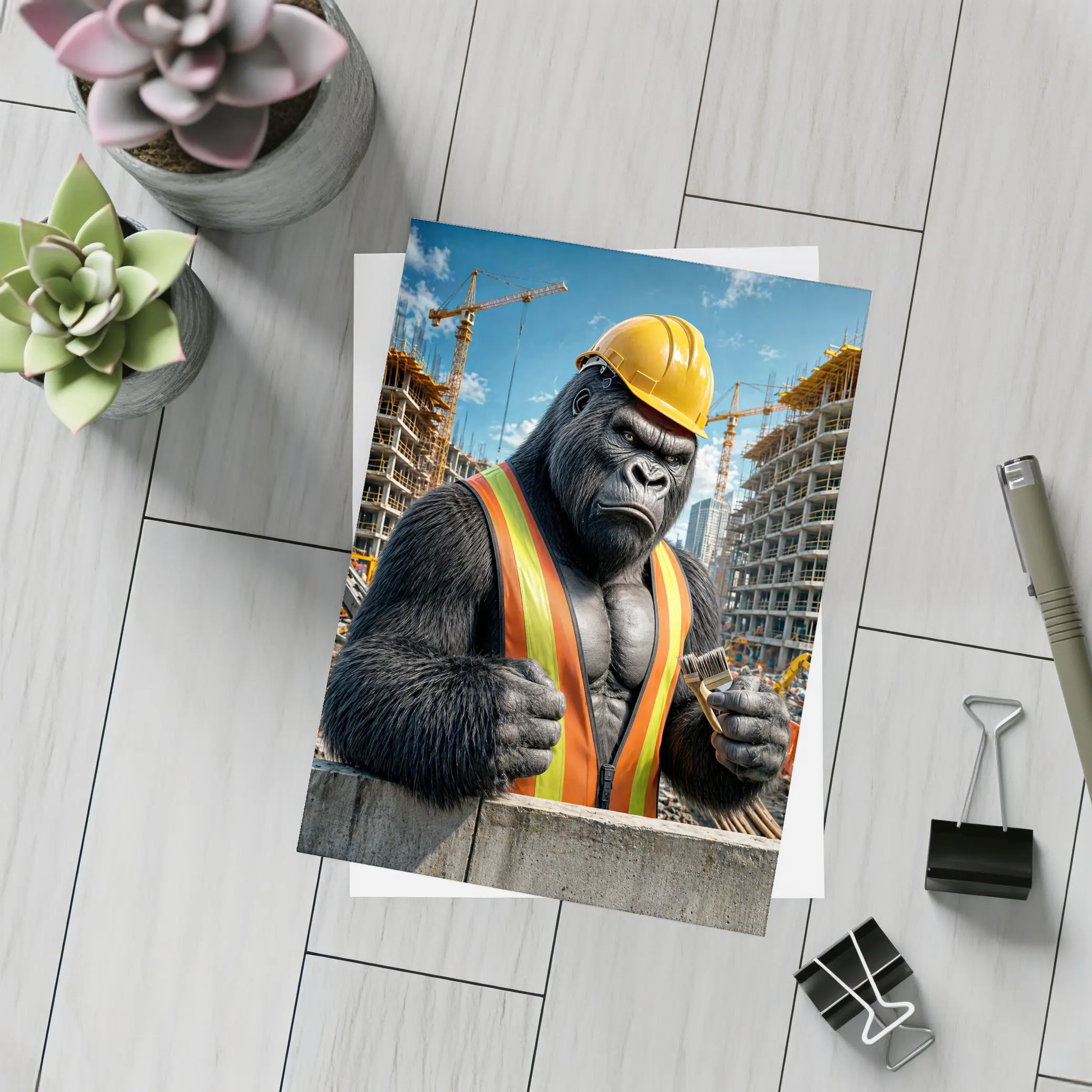 Gorilla Construction Worker Building Site Background – Postcards