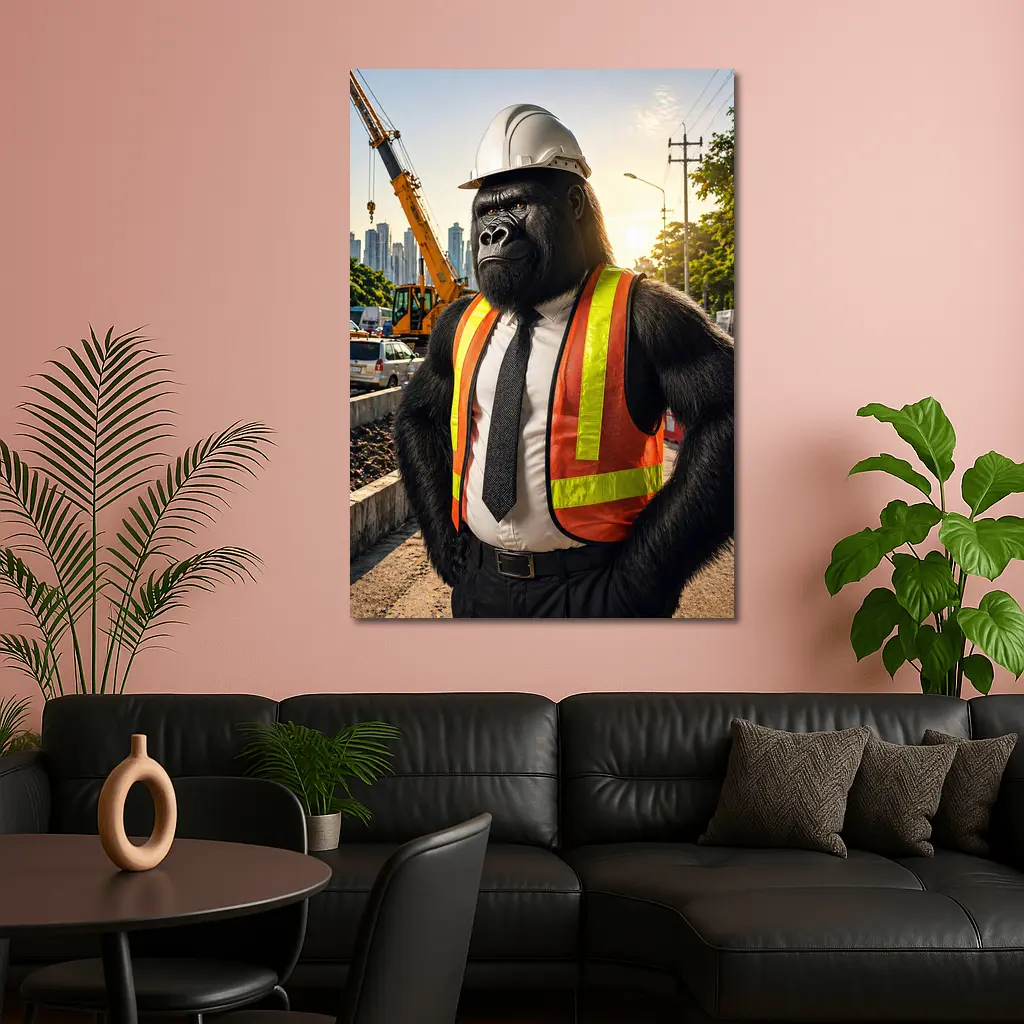 Gorilla Construction Worker Urban City Background – Wall Art
