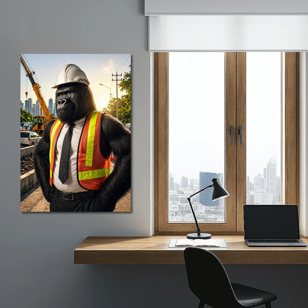 Gorilla Construction Worker Urban City Background – Wall Art