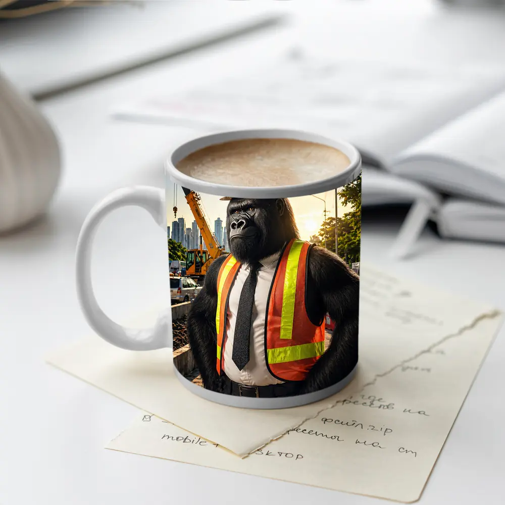 Gorilla Construction Worker Urban City Background – Mugs