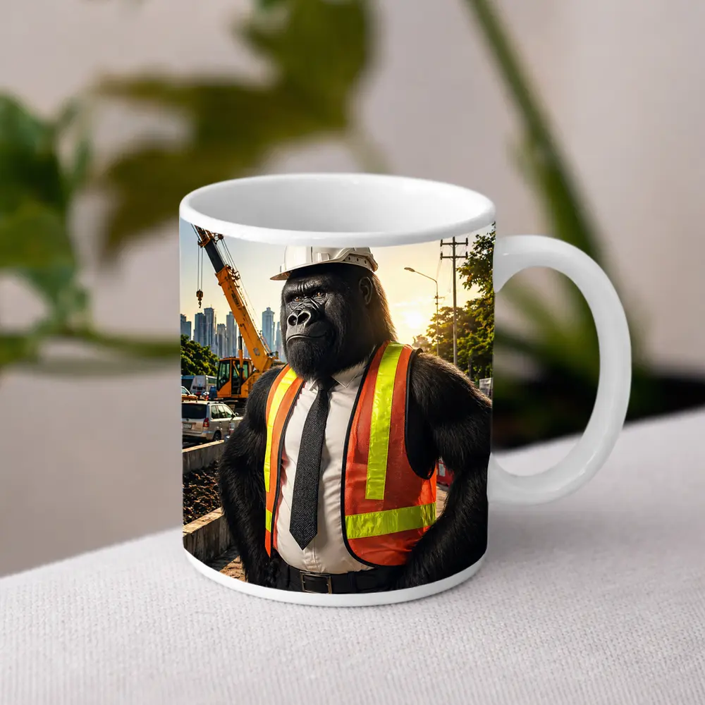 Gorilla Construction Worker Urban City Background – Mugs