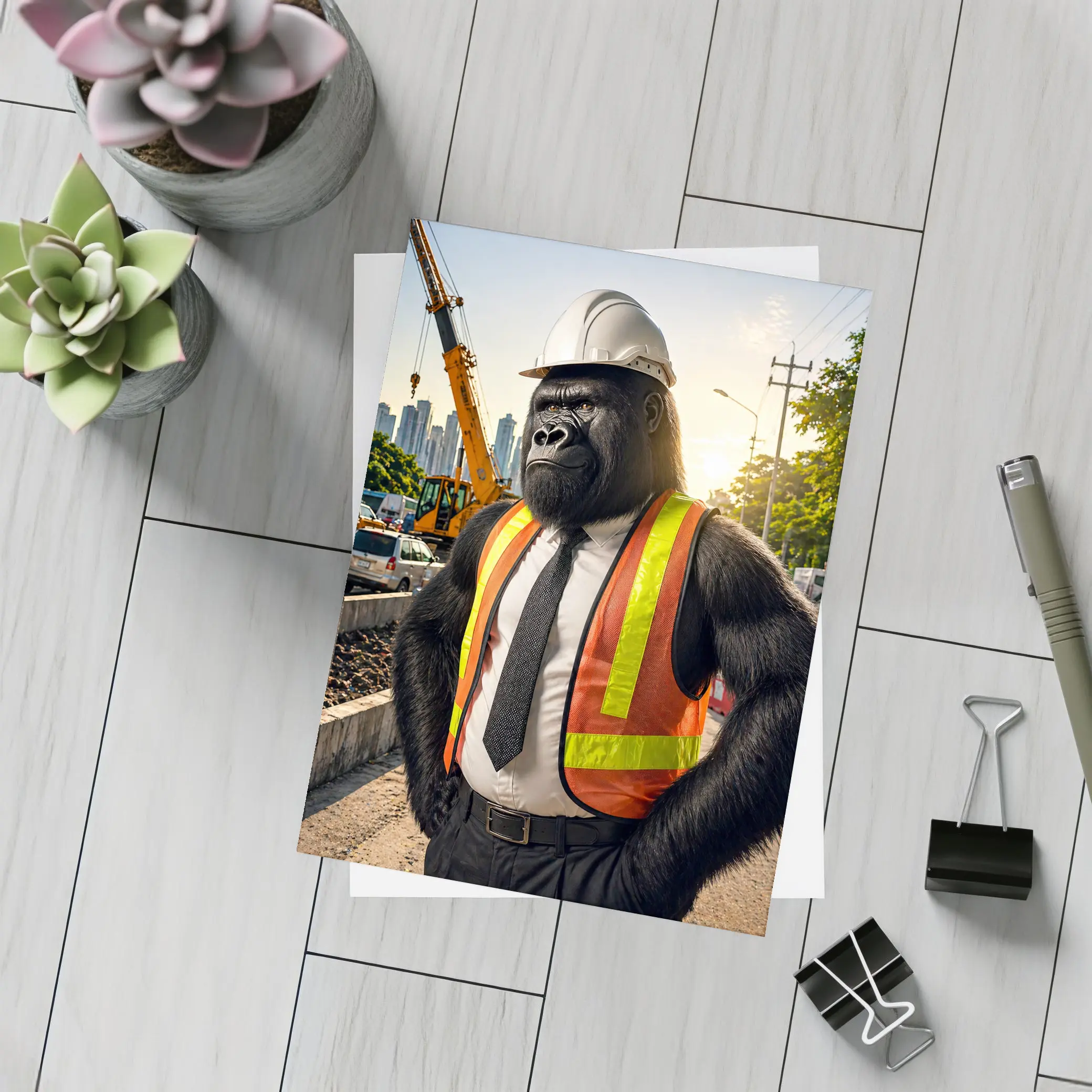 Gorilla Construction Worker Urban City Background – Postcards