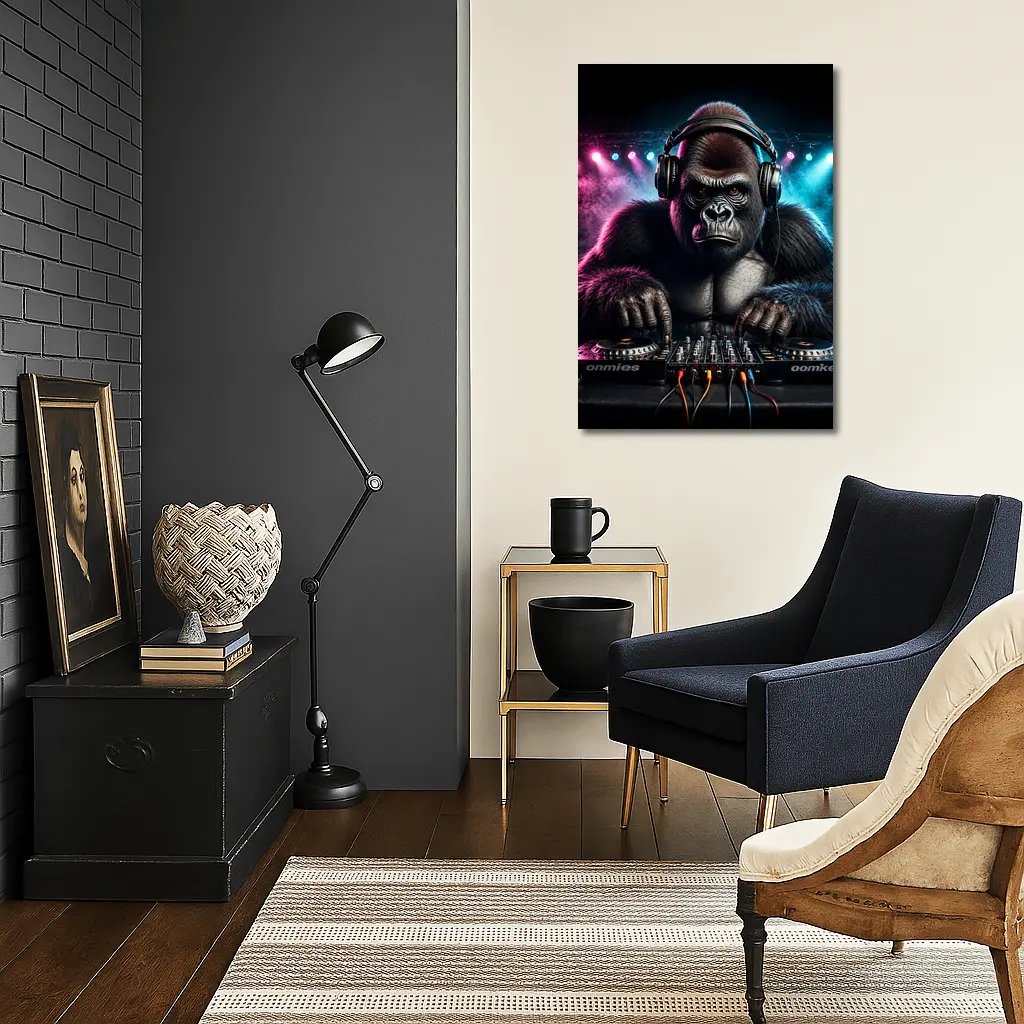 Gorilla DJ Spinning Decks Neon Club – Wall Art