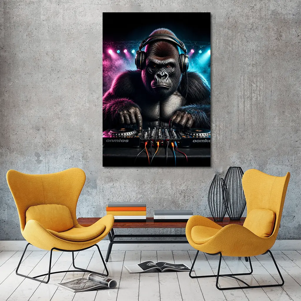 Gorilla DJ Spinning Decks Neon Club – Wall Art