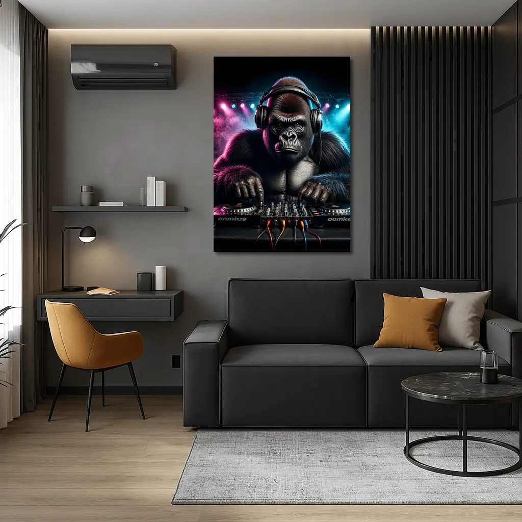 Gorilla DJ Spinning Decks Neon Club – Wall Art