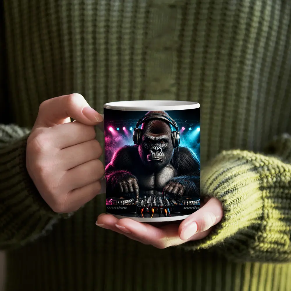 Gorilla DJ Spinning Decks Neon Club – Mugs