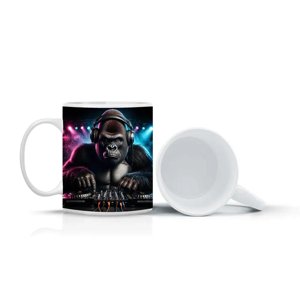 Gorilla DJ Spinning Decks Neon Club – Mugs