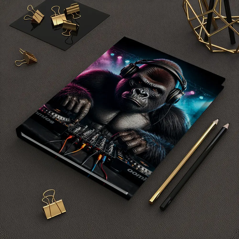 Gorilla DJ Spinning Decks Neon Club – Notebooks