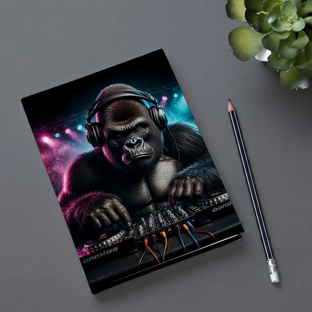 Gorilla DJ Spinning Decks Neon Club – Notebooks