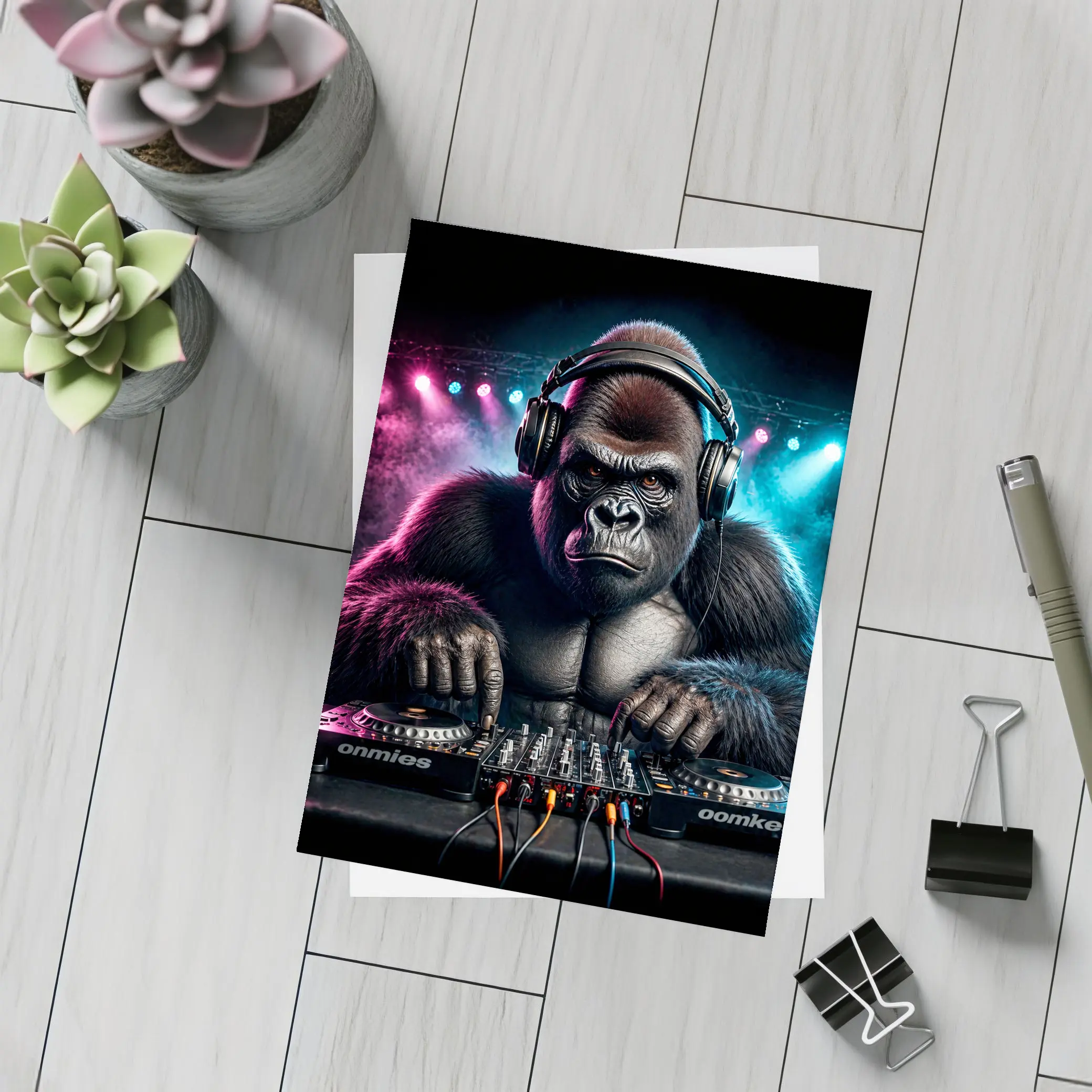 Gorilla DJ Spinning Decks Neon Club – Postcards