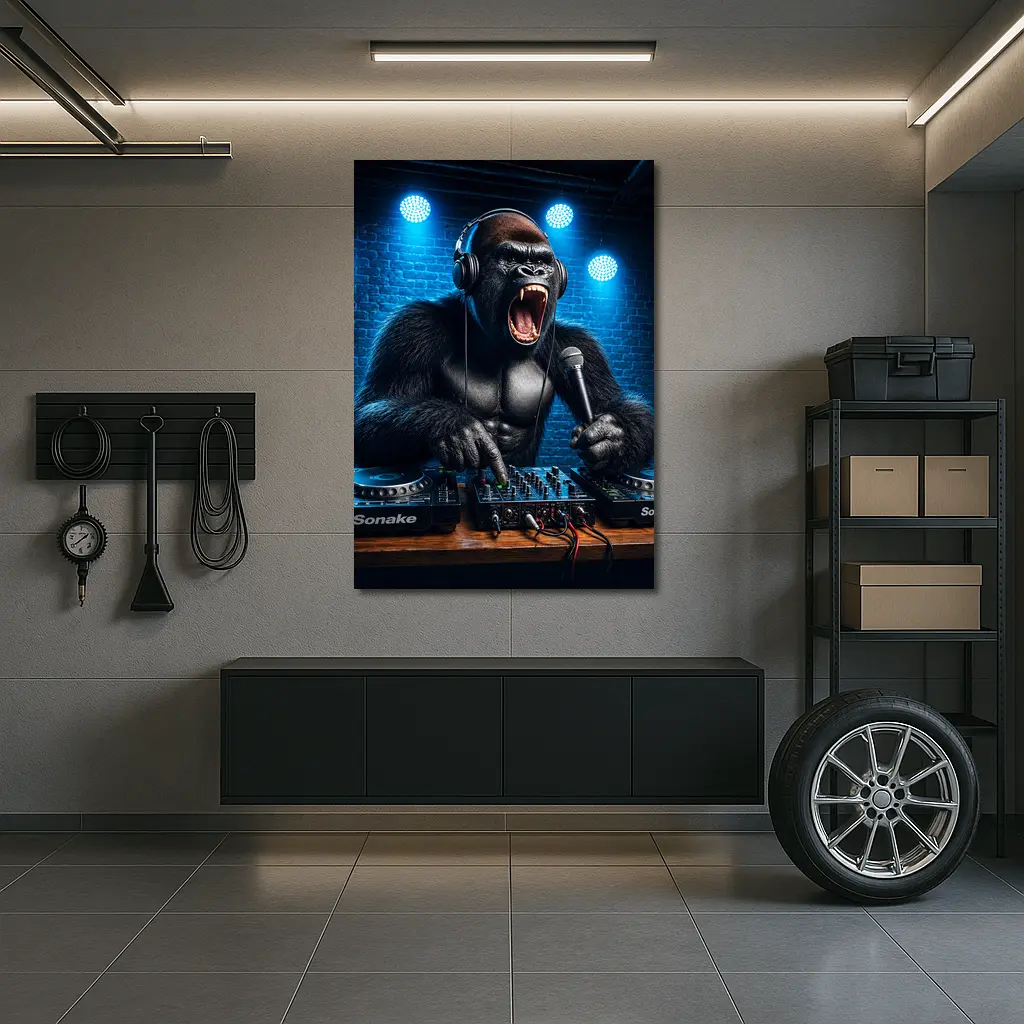 Gorilla DJ Roaring At Neon Club Stage – Wall Art