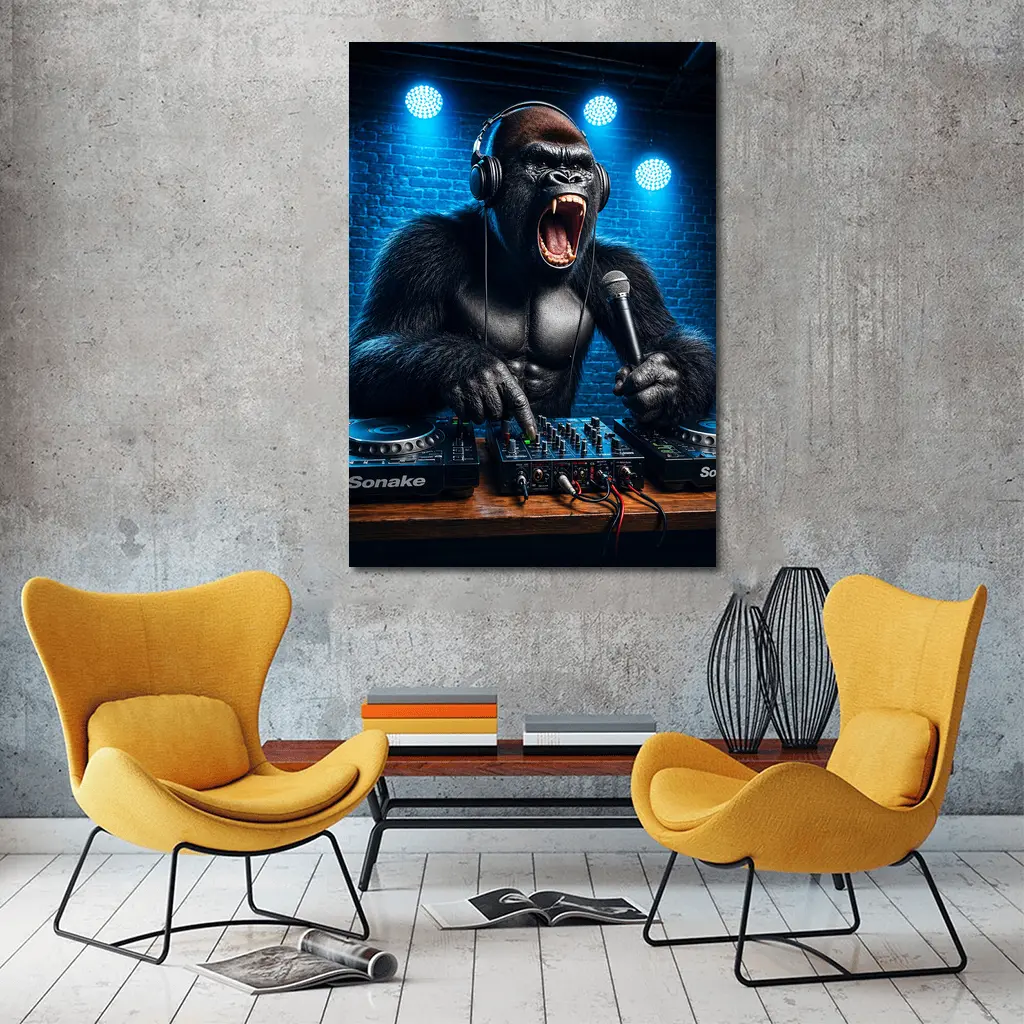 Gorilla DJ Roaring At Neon Club Stage – Wall Art