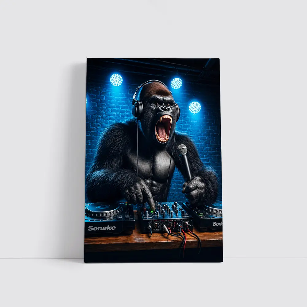 Gorilla DJ Roaring At Neon Club Stage – Wall Art