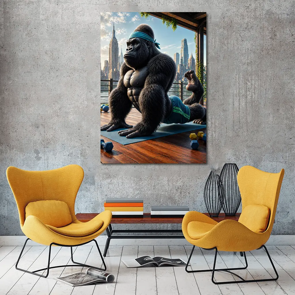 Gorilla Doing Yoga City Skyline Background – Wall Art