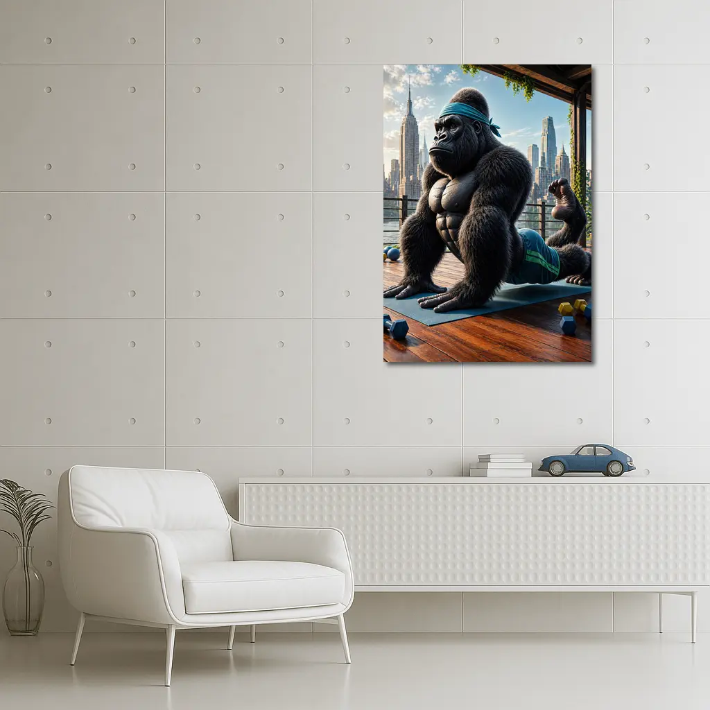 Gorilla Doing Yoga City Skyline Background – Wall Art