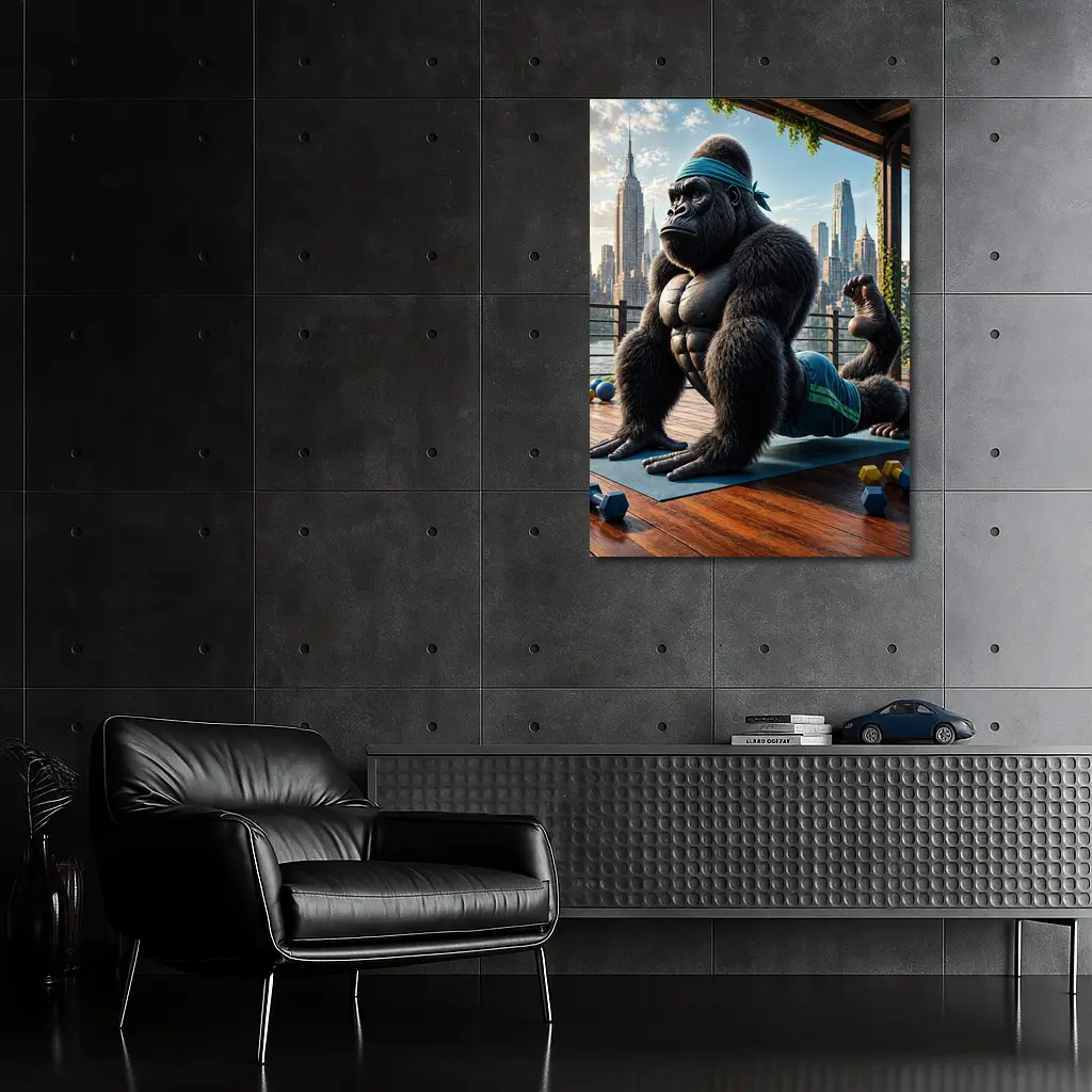 Gorilla Doing Yoga City Skyline Background – Wall Art