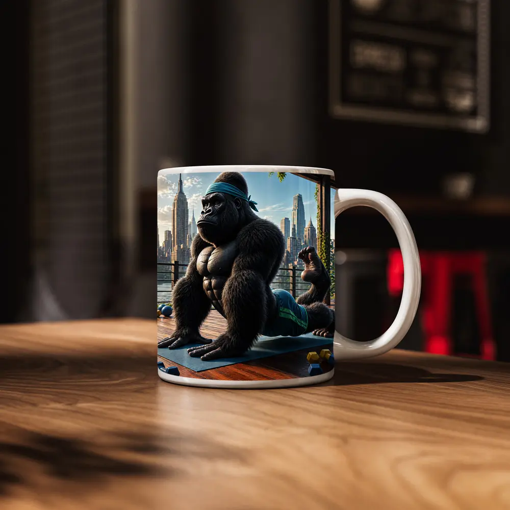Gorilla Doing Yoga City Skyline Background – Mugs