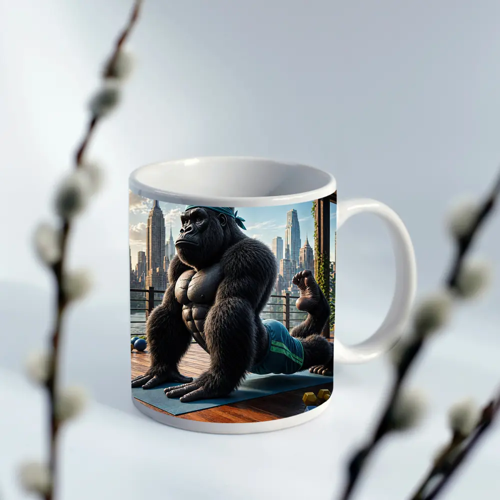 Gorilla Doing Yoga City Skyline Background – Mugs