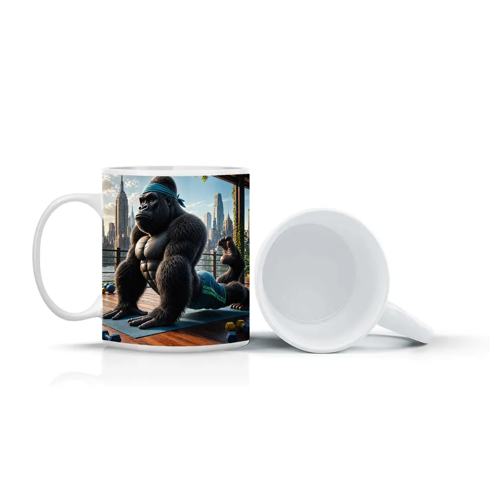 Gorilla Doing Yoga City Skyline Background – Mugs