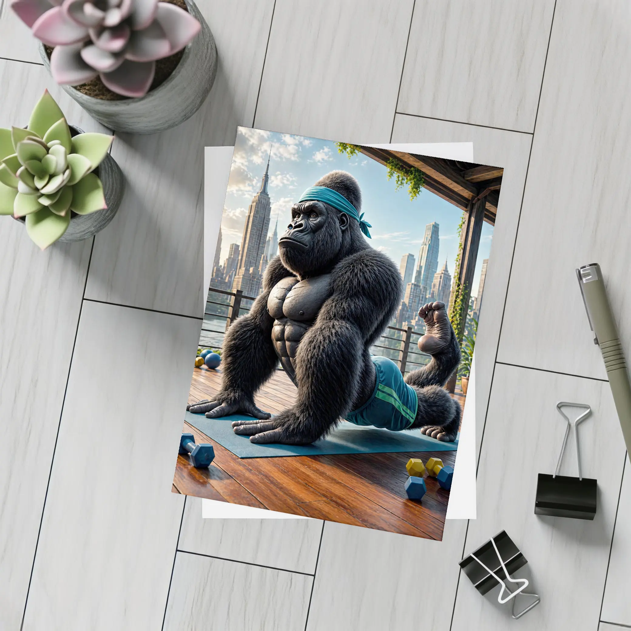 Gorilla Doing Yoga City Skyline Background – Postcards